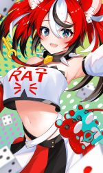 Rule 34 | 1girl, absurdres, animal ears, armpits, blue eyes, collar, detached sleeves, dice, hakos baelz, highres, hololive, hololive english, key, midriff, mouse ears, mouse tail, navel, onabe no shime, polka dot, polka dot background, red hair, sharp teeth, skirt, spiked collar, spikes, strapless, stuffed animal, stuffed mouse, stuffed toy, tail, teeth, tube top, twintails, virtual youtuber