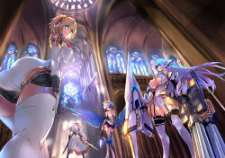 Rule 34 | 4girls, absurdres, aegis (persona), android, antenna hair, armor, armored dress, ass, bad perspective, bare shoulders, blonde hair, blue eyes, blue hair, blue wings, boots, breasts, cannon, church, cleavage, cleavage cutout, clothing cutout, commentary, crossover, dress, dual wielding, feathered wings, floating hair, foreshortening, from below, garter straps, gwendolyn (odin sphere), headphones, highres, holding, holding staff, holding sword, holding weapon, huge weapon, indoors, joints, knee boots, kos-mos, large breasts, leaning forward, lenneth valkyrie, leotard, long hair, medium breasts, multiple girls, negresco, odin sphere, panties, pantyshot, pauldrons, persona, persona 3, red eyes, robot joints, short dress, short hair, shoulder armor, silver hair, staff, stained glass, standing, sunlight, sword, thighhighs, tiara, twisted torso, underboob, underwear, valkyrie profile (series), vaulted ceiling, weapon, white dress, white legwear, white panties, winged hat, wings, xenosaga