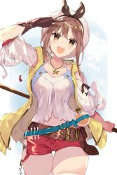 Rule 34 | 1girl, :d, absurdres, atelier (series), atelier ryza, atelier ryza 1, belt, blush, breasts, brown belt, brown eyes, brown gloves, brown hair, cleavage, collarbone, gloves, hair ornament, hairclip, hat, highres, jewelry, kikurage tom., looking at viewer, medium breasts, navel, necklace, open mouth, red shorts, reisalin stout, salute, short shorts, shorts, single glove, smile, solo, star (symbol), star necklace, teeth, test tube, thighhighs, thighs, upper teeth only, white hat, white thighhighs