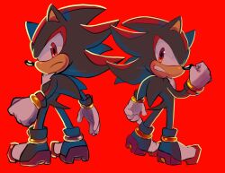 Rule 34 | 1boy, black footwear, black fur, clenched hand, clenched teeth, furry, furry male, highres, mimiipyon, multicolored footwear, multiple views, red background, red eyes, red footwear, red fur, shadow the hedgehog, shoes, simple background, sonic (series), tail, teeth, two-tone fur, white footwear