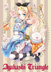 Rule 34 | alice (alice in wonderland), alice (alice in wonderland) (cosplay), alice in wonderland, ayakashi triangle, blue dress, card, cleaned, commentary, cosplay, cup, derivative work, double v, dress, english commentary, english text, frills, highres, key, momocchi18, official art, playing card, pocket watch, shirogane (ayatora), striped clothes, striped thighhighs, teacup, thighhighs, thighs, tsukioka lucy, v, watch, white rabbit (alice in wonderland), white rabbit (alice in wonderland) (cosplay), yabuki kentarou