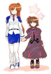 Rule 34 | 00s, 2girls, age difference, blue bow, blue eyes, blush, bow, bowtie, brown hair, dress, dress shirt, height difference, holding hands, jacket, long hair, long sleeves, looking at viewer, lyrical nanoha, magical girl, mahou shoujo lyrical nanoha, mahou shoujo lyrical nanoha a&#039;s, mahou shoujo lyrical nanoha a&#039;s portable: the battle of aces, mahou shoujo lyrical nanoha strikers, stern the destructor, military, military uniform, miniskirt, multiple girls, pencil skirt, purple dress, purple eyes, red hair, ribbon, shirt, shoes, short hair, side-by-side, side ponytail, skirt, smile, star (symbol), takamachi nanoha, takana (nanao), thighhighs, uniform, white legwear, white shirt