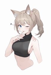 Rule 34 | 1girl, ;), ;3, ;p, animal ear fluff, animal ears, bare arms, bare shoulders, black shirt, blue eyes, brown hair, cat ears, character request, commentary request, crop top, cropped torso, final fantasy, final fantasy xiv, highres, long hair, looking at viewer, midriff, navel, one eye closed, ponytail, shirt, sidelocks, simple background, sleeveless, sleeveless shirt, sleeveless turtleneck, smile, solo, soybean (hisoybean), stomach, tongue, tongue out, turtleneck, upper body, white background