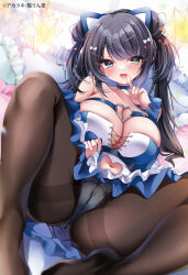 Rule 34 | 1girl, akatsuki (aktk511), animal ears, animal hairband, bare shoulders, black hair, black pantyhose, blue choker, blue dress, blush, breasts, cat ears, choker, cleavage, clothing cutout, dress, finger to mouth, hair ornament, hairclip, large breasts, looking at viewer, multicolored clothes, navel, navel cutout, open mouth, original, panties, panties under pantyhose, pantyhose, smile, solo, spread legs, twintails, underwear, white dress, white panties