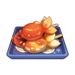 Rule 34 | artist request, commentary, english commentary, food, food art, food focus, game cg, genshin impact, lowres, no humans, official art, plate, simple background, skewer, still life, summer festival fish (genshin impact), third-party source, transparent background