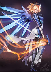 Rule 34 | 1girl, alternate color, armor, armored boots, artist name, black footwear, black gloves, black pantyhose, blonde hair, blue eyes, blue wings, bodysuit, boots, breastplate, breasts, faulds, from side, full body, gloves, glowing, glowing wings, greaves, halo, hand on breast, hand on own chest, hand up, headgear, hellyhelly, hellyon white, high collar, high heel boots, high heels, holding, holding staff, image sample, knee boots, knee pads, leg up, lips, loincloth, long hair, looking at viewer, mechanical halo, mechanical wings, medium breasts, mercy (overwatch), overwatch, overwatch 1, pantyhose, parted lips, pelvic curtain, pink lips, ponytail, signature, solo, spread wings, staff, standing, standing on one leg, turtleneck, weapon, wings