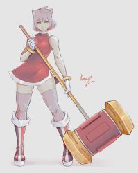 Rule 34 | 1girl, ahoge, amy rose, animal ears, artist name, bare shoulders, boots, breasts, closed mouth, commentary, covered collarbone, dress, full body, gloves, green eyes, hairband, hammer, highres, holding, holding hammer, humanization, knee boots, kumanz, lips, looking at viewer, medium breasts, toy hammer, pink background, pink hair, pink thighhighs, red dress, red footwear, sega, shadow, shiny clothes, shiny skin, short dress, short hair, signature, simple background, sleeveless, sleeveless dress, smile, solo, sonic (series), standing, thighhighs, thighs, turtleneck, white gloves, zettai ryouiki