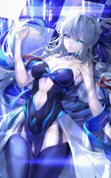 Rule 34 | 1girl, absurdres, bare shoulders, black bow, black dress, black thighhighs, blue eyes, bow, braid, breasts, center opening, choker, cleavage, collarbone, dress, fate/grand order, fate (series), french braid, grey hair, hair bow, hane yuki, highres, large breasts, long hair, lying, morgan le fay (fate), navel, on back, pelvic curtain, ponytail, sidelocks, solo, thighhighs, thighs, two-tone dress, very long hair, white dress