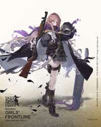Rule 34 | 1girl, belt boots, black coat, black footwear, boots, brown hair, buttons, character name, closed mouth, coat, copyright name, cross, double-breasted, english text, expressionless, full body, girls&#039; frontline, groin, gun, gun sling, highres, holding, holding gun, holding weapon, long hair, long sleeves, looking at viewer, open clothes, open coat, plus sign, pouch, pump action, purple eyes, purple scarf, scarf, shotgun, solo, stevens 620 (girls&#039; frontline), stevens model 520/620, thigh pouch, watermark, weapon, weapon behind back, weapon name, web address, white background, xiao qiang sang