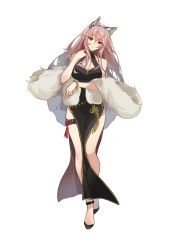 Rule 34 | 1girl, absurdres, animal ears, bare shoulders, bracelet, breasts, china dress, chinese clothes, cleavage, commentary request, dress, finger to own chin, full body, fur shawl, girls&#039; frontline, girls&#039; frontline neural cloud, highres, jewelry, large breasts, legs, long hair, looking at viewer, persicaria (neural cloud), pink eyes, pink hair, shawl, shoes, simple background, smile, solo, white background, xianyu liang