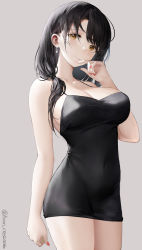 Rule 34 | 1girl, arm at side, bare arms, bare shoulders, black dress, black hair, breasts, brown eyes, cleavage, closed mouth, covered navel, cowboy shot, dress, earrings, grey background, hair over shoulder, halter dress, halterneck, haori io, highres, jewelry, large breasts, long hair, looking at viewer, nail polish, original, paid reward available, ponytail, short dress, short ponytail, sidelocks, simple background, sleeveless, sleeveless dress, smile, solo, spaghetti strap, swept bangs, thighs, twitter username