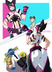 Rule 34 | 2girls, absurdres, ass, black hair, bracelet, breasts, candy, capcom, charge sol, chun-li, food, gloves, han juri, highres, jewelry, mega man (series), monster hunter (series), multicolored hair, multiple girls, spikes, street fighter, street fighter 6, tagme, thick thighs, thighs, two-tone hair