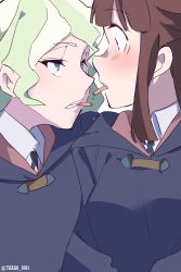 Rule 34 | 2girls, blonde hair, blue eyes, blush, brown hair, commentary request, diana cavendish, eye contact, food, highres, kagari atsuko, little witch academia, looking at another, luna nova school uniform, multiple girls, pocky, pocky kiss, red eyes, school uniform, shared food, takao (88499191), teeth, twitter username, yuri