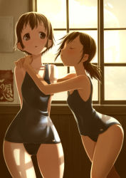 Rule 34 | 2girls, arms around neck, blush, brown hair, closed eyes, hair ornament, hairclip, highres, hip focus, multiple girls, one-piece swimsuit, original, pixiv festa, school swimsuit, short hair, swimsuit, wadapen, wide hips, yuri