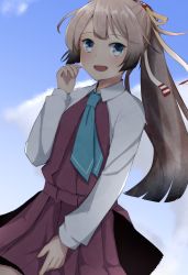 Rule 34 | 1girl, bad id, bad pixiv id, blue eyes, blue neckwear, blush, brown hair, cloud, day, dress, highres, kantai collection, kazagumo (kancolle), long hair, long sleeves, looking at viewer, ludens (inonaka koubou), open mouth, outdoors, ponytail, purple dress, shirt, sky, solo, white shirt