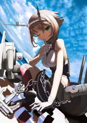 Rule 34 | 10s, 1girl, anchor, brown hair, chain, finger to mouth, gloves, green eyes, hairband, kantai collection, looking at viewer, machinery, mocha, mutsu (kancolle), one eye closed, short hair, shushing, smile, solo, turret