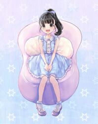 Rule 34 | 1girl, between legs, black eyes, black hair, blue background, blue dress, blue ribbon, blush, chair, comeco, cushion, dress, frilled dress, frills, fukuyama mai, gradient background, hair ribbon, hand between legs, highres, idolmaster, idolmaster cinderella girls, idolmaster cinderella girls starlight stage, idolmaster cinderella girls u149, loafers, long hair, looking at viewer, open mouth, ponytail, ribbon, shoes, short sleeves, sitting, smile, socks, solo, star (symbol), starry background, white socks