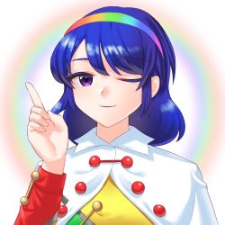 Rule 34 | 1girl, blue hair, c i an, cape, cloak, closed mouth, commentary request, dress, hairband, highres, multicolored clothes, multicolored dress, multicolored hairband, one eye closed, patchwork clothes, pointing, pointing up, purple eyes, rainbow, rainbow gradient, short hair, smile, solo, tenkyuu chimata, touhou, upper body, white cloak, zipper