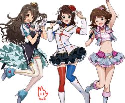 Rule 34 | 10s, 3girls, :d, amami haruka, ankle boots, arm up, artist name, asymmetrical legwear, bad id, bad twitter id, bandeau, boots, bow, crop top, crop top overhang, flower, hair bow, hair flower, hair ornament, idolmaster, idolmaster (classic), idolmaster cinderella girls, idolmaster million live!, kasuga mirai, knee boots, long hair, microphone, midriff, million dreams (idolmaster), mismatched legwear, multiple girls, navel, one eye closed, open mouth, puff and slash sleeves, puffy short sleeves, puffy sleeves, rod (rod4817), rose, shimamura uzuki, short hair, short sleeves, side ponytail, simple background, smile, star!!, starpiece memories, strapless, thighhighs, tube top, v, white background, zettai ryouiki
