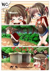 Rule 34 | &gt; &lt;, blue eyes, blush, brown hair, child, closed eyes, highres, open mouth, skirt, sweat, toilet, twintails