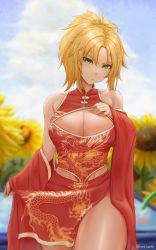 Rule 34 | 1girl, absurdres, alternate breast size, bare shoulders, blonde hair, blue sky, braid, breasts, china dress, chinese clothes, cleavage, cleavage cutout, clothing cutout, dragon print, dress, fate/apocrypha, fate/grand order, fate (series), field, flower, flower field, french braid, green eyes, highres, large breasts, long hair, looking at viewer, mordred (fate), mordred (fate/apocrypha), parted bangs, ponytail, red dress, sidelocks, sky, solo, sunflower, sunflower field, thighs, yamisouls
