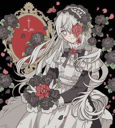Rule 34 | 1boy, black background, black dress, black flower, black ribbon, black rose, blood, blood on face, bouquet, cowboy shot, dress, floral background, flower, frilled dress, frills, gothic lolita, grey eyes, grey hair, hairband, highres, holding, holding bouquet, lolita fashion, lolita hairband, long hair, long sleeves, looking at viewer, male focus, meremero, mirror, neck ribbon, one eye covered, original, petals, red flower, red rose, ribbon, rose, rose petals, second-party source, smile, solo, sophie (jiz (pffbq)), standing, trap, very long hair