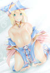 Rule 34 | 1girl, :3, absurdres, alternate breast size, arm support, bare shoulders, black leotard, blonde hair, blue footwear, blue hat, boots, breasts, breasts squeezed together, calcio, cleavage, closed mouth, collarbone, condom, condom in mouth, condom wrapper, dark magician girl, duel monster, green eyes, hat, highres, huge breasts, jewelry, kneeling, leotard, long hair, looking at viewer, mouth hold, neck ring, off-shoulder leotard, pentacle, pink skirt, showgirl skirt, skirt, solo, v arms, vambraces, yu-gi-oh!