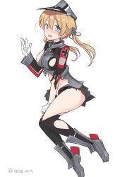Rule 34 | 1girl, ahenn, aqua eyes, black skirt, black thighhighs, blonde hair, blush, breasts, full body, gloves, hair between eyes, hat, kantai collection, large breasts, long hair, long sleeves, low twintails, military, military hat, military uniform, peaked cap, pleated skirt, prinz eugen (kancolle), simple background, skirt, solo, thighhighs, torn clothes, torn skirt, torn thighhighs, twintails, twitter username, uniform, white background, white gloves