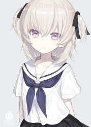Rule 34 | 1girl, black ribbon, black skirt, capriccio, collarbone, commentary request, grey background, grey hair, hair between eyes, hair ribbon, long hair, looking at viewer, neckerchief, original, parted lips, pleated skirt, purple eyes, purple neckerchief, ribbon, sailor collar, school uniform, serafuku, shirt, short sleeves, simple background, skirt, solo, two side up, upper body, white sailor collar, white shirt