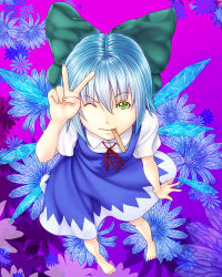 Rule 34 | 1girl, barefoot, blue hair, bow, cirno, crystal, dress, enmatime, face, flower, foreshortening, from above, green eyes, hair bow, highres, mouth hold, one eye closed, popsicle stick, short hair, solo, touhou, v, wings, wink