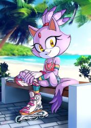 Rule 34 | 1girl, absurdres, animal ears, armband, bad id, bad twitter id, beach, bench, blaze the cat, cat ears, cat girl, cat tail, fingerless gloves, forehead jewel, furry, furry female, gloves, highres, jewelry, looking at viewer, necklace, ocean, on bench, palm tree, panr1ll, ponytail, roller skates, shorts, skates, smile, sonic (series), tail, tree, yellow eyes