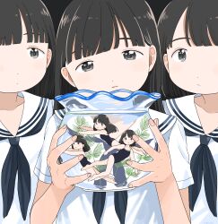 6+girls absurdres black_eyes black_hair blue_neckerchief blue_one-piece_swimsuit blush bowl breasts closed_mouth commentary_request competition_swimsuit dot_nose expressionless fishbowl grey_background head_tilt highres holding holding_bowl long_hair looking_at_another looking_at_viewer medium_hair mini_person minigirl multiple_girls nagomurasan neckerchief one-piece_swimsuit original sailor_collar sailor_shirt shirt short_sleeves small_breasts smile swimming swimsuit underwater white_sailor_collar white_shirt