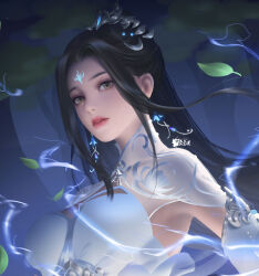 Rule 34 | 1girl, absurdres, armpits, black hair, breasts, brown eyes, da pang banbiantian, detached sleeves, dress, earrings, expressionless, falling leaves, highres, jewelry, leaf, lightning, long hair, lu xueqi (zhu xian), medium breasts, parted lips, second-party source, solo, tiara, upper body, white dress, zhu xian