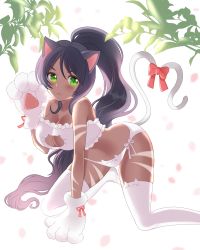 Rule 34 | 1girl, all fours, animal ears, animal hands, bad id, bad pixiv id, bare shoulders, black hair, bow, breasts, cat cutout, cat ear panties, cat ears, cat lingerie, cat paws, cat tail, cleavage, cleavage cutout, clothing cutout, dark-skinned female, dark skin, fang, gloves, green eyes, highres, kneeling, large breasts, league of legends, looking at viewer, meme attire, midriff, nidalee, panties, paw gloves, pink bow, ponytail, side-tie panties, solo, tail, tail bow, tail ornament, thighhighs, tl astral7536, ubi (ekdus6080), underwear, white thighhighs