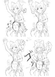 1boy 1girl animal_ear_headphones blue_archive carrying carrying_person cat_ear_headphones doodle_sensei_(blue_archive) fake_animal_ears headphones highres japanese_text momoi_(blue_archive) monochrome naltal punching sensei_(blue_archive) shirt short_hair simple_background twitter white_background white_shirt