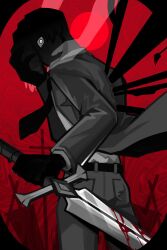 Rule 34 | 1boy, beanni, belt, black belt, black hair, black jacket, black mask, black necktie, black pants, blood, bloody weapon, cowboy shot, highres, holding, holding mask, holding sword, holding weapon, jacket, library of ruina, long sleeves, looking at viewer, mask, necktie, pants, project moon, red background, red sun, roland (project moon), smoke, solo, stab, staring, sword, weapon, wing collar