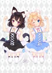 Rule 34 | 2girls, ;q, animal ears, argyle, argyle background, argyle clothes, artist name, black dress, black hair, blouse, blue dress, blue eyes, blush, bob cut, cat ears, cat girl, cat tail, closed mouth, dated, dress, fushimi sameta, garter straps, grey background, highres, jewelry, kneeling, multiple girls, necklace, one eye closed, original, over-kneehighs, paw pose, pinafore dress, purple eyes, shirt, short hair, short sleeves, signature, sleeveless, sleeveless dress, tail, thighhighs, tongue, tongue out, wavy hair, white background, white legwear, white shirt