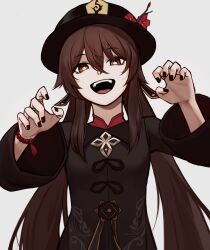 Rule 34 | 1girl, absurdres, badnick69 (camchi), black hat, black nails, brown hair, flower, flower-shaped pupils, genshin impact, hair between eyes, hat, hat flower, highres, hu tao (genshin impact), jewelry, long hair, long sleeves, looking at viewer, multiple rings, open mouth, plum blossoms, porkpie hat, red eyes, ring, simple background, smile, solo, symbol-shaped pupils, teeth, twintails, upper body, upper teeth only, very long hair, white background
