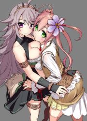 Rule 34 | 2girls, ahoge, bare shoulders, blush, breast press, breasts, cleavage, cleavage cutout, clothing cutout, echinacea (flower knight girl), female focus, flower, flower knight girl, green eyes, grey background, hair flower, hair ornament, hairband, hug, imminent kiss, large breasts, long hair, long sleeves, looking at viewer, multiple girls, parted lips, pink hair, purple eyes, purple hair, saffron (flower knight girl), sasayuki, skirt, sleeveless, smile, thighhighs, twintails, yuri