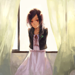 Rule 34 | 1girl, areazero, arms behind back, backlighting, black hair, black jacket, blazer, closed mouth, clover, collarbone, curtains, dress, fresh precure!, higashi setsuna, indoors, jacket, long hair, long sleeves, looking at viewer, open clothes, open jacket, parted bangs, precure, red eyes, red ribbon, ribbon, smile, solo, standing, sundress, white dress