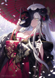 Rule 34 | 1girl, alternate costume, blonde hair, breasts, cherry blossoms, cleavage, fate/grand order, fate (series), flower, fox mask, hair flower, hair ornament, headpiece, japanese clothes, jeanne d&#039;arc (fate), jeanne d&#039;arc alter (avenger) (fate), jeanne d&#039;arc alter (fate), kimono, mask, nekonabe ao, oil-paper umbrella, petals, short hair, smile, solo, umbrella, unworn mask, yellow eyes