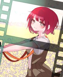 Rule 34 | 1girl, :d, blurry, blurry background, blush, bob cut, breasts, bright pupils, brown dress, brown eyes, camera, commentary, danganronpa (series), danganronpa 2: goodbye despair, depth of field, dress, dress shirt, eyelashes, field, film strip, freckles, from side, highres, holding, holding camera, koizumi mahiru, komatta nagito, looking at viewer, looking to the side, messy hair, necktie, open mouth, outdoors, outstretched arms, parted lips, pinafore dress, plaid necktie, red hair, red necktie, school uniform, shirt, short hair, short sleeves, sleeveless, sleeveless dress, small breasts, smile, solo, standing, strap, two-tone necktie, upper body, very short hair, white necktie, white pupils, white shirt, wind