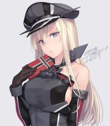 Rule 34 | 1girl, bare shoulders, bismarck (kancolle), blonde hair, blue eyes, breasts, choker, dated, detached sleeves, gift, gloves, grey background, hair between eyes, hat, holding, holding gift, kantai collection, large breasts, long hair, looking at viewer, military, military hat, military uniform, parted lips, peaked cap, rokuwata tomoe, sidelocks, signature, simple background, solo, twitter username, uniform