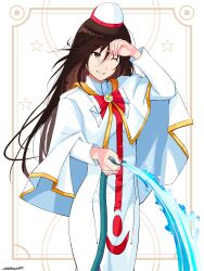 Rule 34 | 1girl, akira ferrari, andanden, aria (manga), arm up, bow, bowtie, brown hair, capelet, feet out of frame, gold trim, hair between eyes, highres, himeya company uniform, holding, holding hose, hose, long hair, long sleeves, one eye closed, pantyhose, purple pantyhose, red bow, red bowtie, red headwear, shadow, side slit, signature, smile, solo, undine (aria), water, white capelet, white headwear