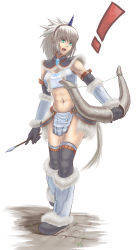 Rule 34 | !, 1girl, absurdres, arrow (projectile), bow (weapon), capcom, cuboon, elbow gloves, gloves, green eyes, highres, horns, kirin (armor), loincloth, midriff, monster hunter (series), muscular, open mouth, single horn, solo, thighhighs, weapon