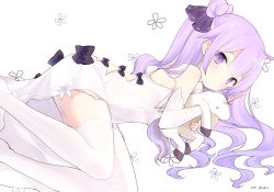 Rule 34 | 1girl, ahoge, azur lane, bare shoulders, black bow, black ribbon, blush, bow, closed mouth, commentary request, dated, detached sleeves, dress, floral background, garter straps, hair bun, hair ribbon, long hair, long sleeves, looking at viewer, lying, mimelond, hugging object, on side, one side up, purple eyes, purple hair, ribbon, side bun, single hair bun, single side bun, sleeveless, sleeveless dress, solo, stuffed animal, stuffed pegasus, stuffed toy, stuffed unicorn, stuffed winged unicorn, thighhighs, twitter username, unicorn (azur lane), white background, white dress, white thighhighs