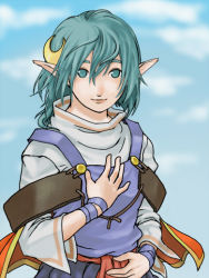 Rule 34 | 1girl, ahoge, blue eyes, blue hair, breasts, cape, crescent, crescent hair ornament, hair ornament, hairclip, hand on own chest, looking at viewer, matching hair/eyes, pointy ears, rena lanford, short hair, smile, solo, star ocean, star ocean the second story