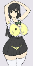 Rule 34 | 1girl, armpits, arms up, black eyes, black hair, black skirt, bow, breasts, cleavage, closed mouth, collarbone, flat color, green bow, grey background, large breasts, long hair, mole, mole under eye, ookuma nekosuke, original, simple background, skindentation, skirt, solo, thighhighs, translated, white thighhighs