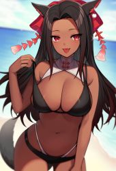 Rule 34 | 1girl, animal ears, warrior of light (ff14), bare arms, bare shoulders, bikini, black bikini, black hair, bow, breasts, cat ears, cat girl, cat tail, cleavage, commission, cowboy shot, dark-skinned female, dark skin, final fantasy, final fantasy xiv, forehead, gradient hair, hair bow, hair ornament, hand up, highleg, highleg bikini, highres, kanzashi, kinsenka momi, large breasts, layered bikini, long hair, looking at viewer, miqo&#039;te, multicolored hair, navel, parted bangs, red eyes, skeb commission, smile, solo, stomach, strap pull, string bikini, swimsuit, tail, tongue, tongue out, wet