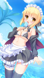 Rule 34 | 1girl, apron, artoria pendragon (alter swimsuit rider) (fate), artoria pendragon (alter swimsuit rider) (second ascension) (fate), artoria pendragon (fate), bikini, bikini top only, black bikini, black bow, black jacket, black skirt, black thighhighs, blonde hair, blue sky, blush, bow, breasts, bridal garter, brown eyes, cloud, commentary request, day, dutch angle, fate/grand order, fate (series), food, frilled apron, frilled bikini, frilled bikini top, frilled skirt, frills, hair between eyes, hair bow, highres, holding, holding food, hood, hood down, hooded jacket, horizon, jacket, maid headdress, medium breasts, navel, ocean, open clothes, open jacket, outdoors, palm tree, popsicle, sidelocks, skirt, sky, solo, swimsuit, thighhighs, tree, umitonakai, waist apron, water, white apron